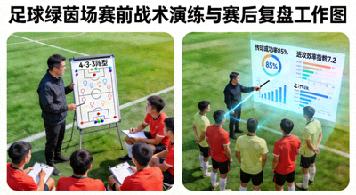 足球绿茵场赛前战术演练与赛后复盘工作图